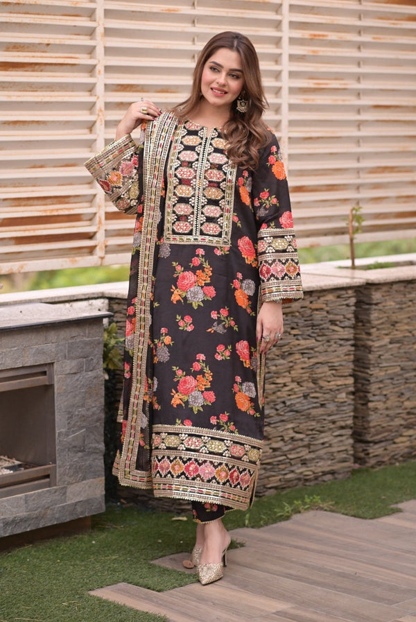 Luxury Silk 3 Piece Unstitched Black V263